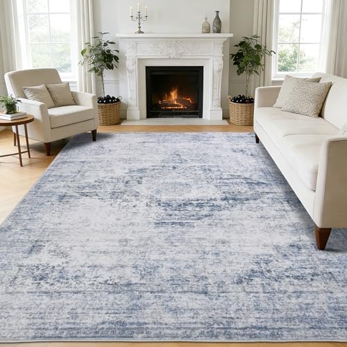 Washable Area Rug 8x10 for Living Room, Non-Slip Backing, Distressed Blue by TerradWafs