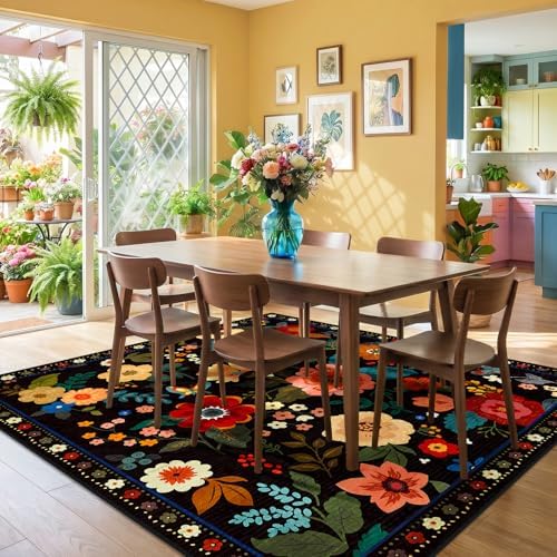 RELEANY Floral Washable Square 6ft Area Rug Black - Image 2