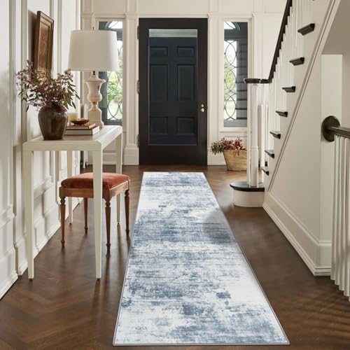 2'6''x8' Runner Rugs Washable Rug:Modern Abstract Hallway Blue White Carpet - Image 6
