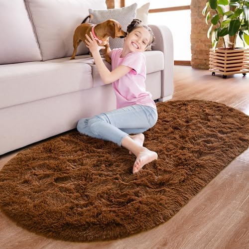Noahas 2.6x5.3 Brown Fluffy Soft Oval Rug Non-Slip - Image 2