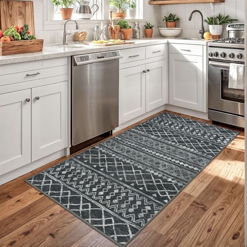 KUTA 3x5 Entryway Rug Dark Grey Beige Washabl Boho Moroccan Area Rug - Image 3