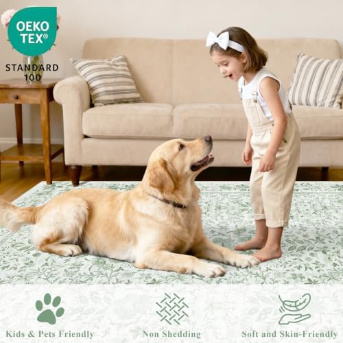 DUKINO 4x6 Rug for Living Room, Washable Vintage Floral Area Rug Sage Green - Image 4