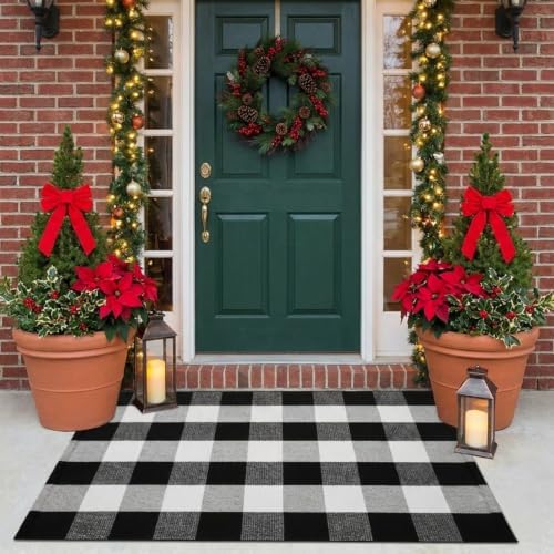 SEEKSEE Fall Decor Buffalo Plaid Outdoor Rug 27.5x43 Black and White Front Door - Image 5