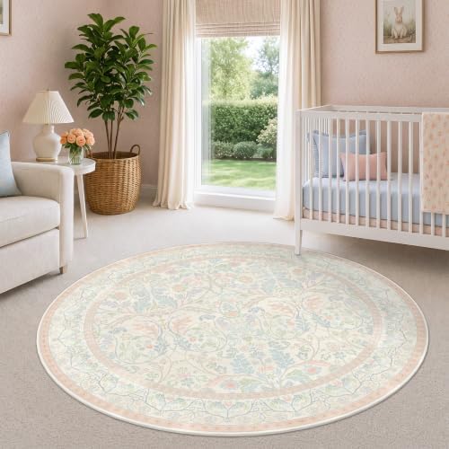 Pink and Blue 6ft Round Washable Nursery Rug, Non Slip Soft Low Pile Circle by Evyhood