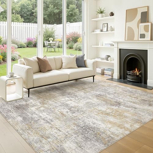 9x13 Area Rugs for Living Room Washable Abstract Rug Gold/Grey by Natunest