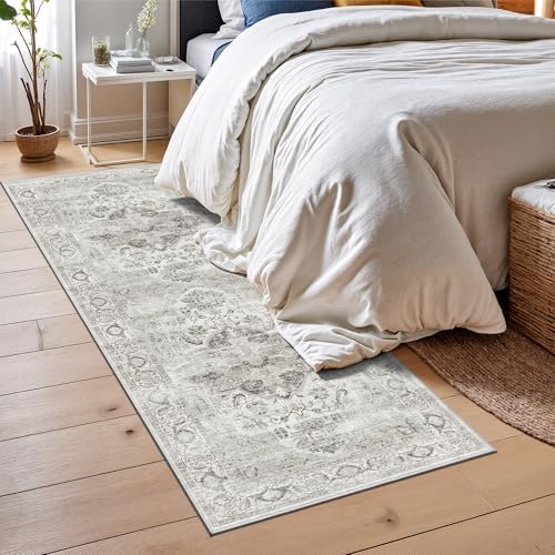 2x7 Washable Runner Rug, Vintage Non Slip Hallway Rug Ivory/Gray - Image 3