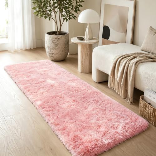 2x6 Pink Fluffy Runner Rug for Hallway and Bedroom, Washable Soft Shaggy Carpet - Image 2