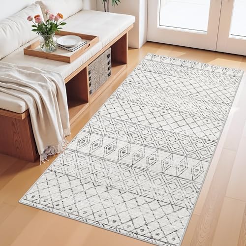 2x4 Runner Rug for Hallway: Washable Non Slip Moroccan Kitchen Rugs Grey - Image 3