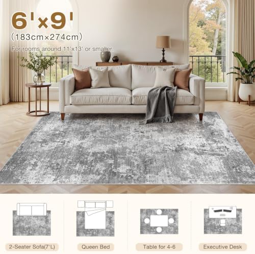 6x9 Area Rugs Living Room Abstract Washable Rug, Light Grey - Image 7