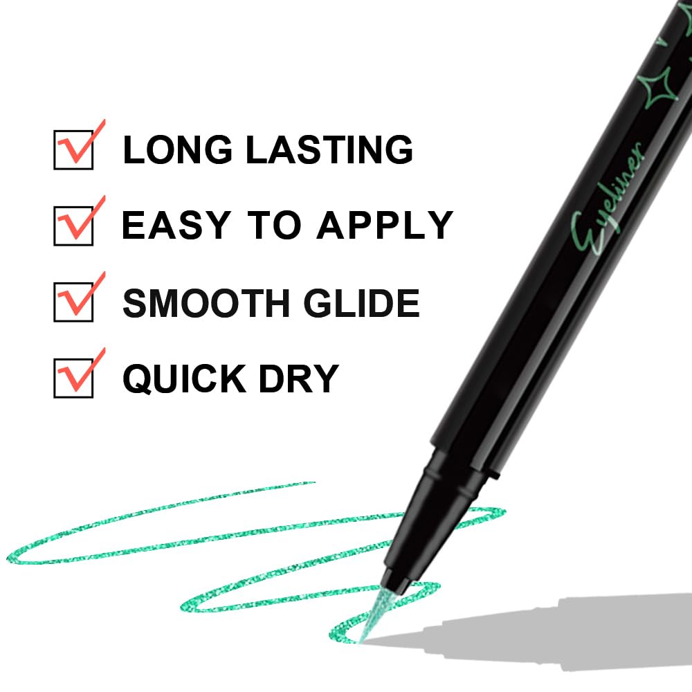evpct 1Pcs Green Glitter Shimmer Liquid Eyeliner Eye Shadow Makeup Pencil Pen, Green Face Body Glitter False Eyelashes Lashes Freckles Accessories, Sparkle Metallic Colored Eyeliner Waterproof Smudge