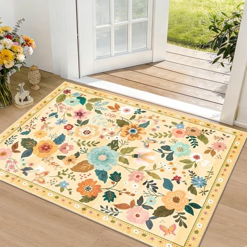 RELEANY Floral Washable 2x3 Area Rugs Doormat Yellow/Orange - Image 2