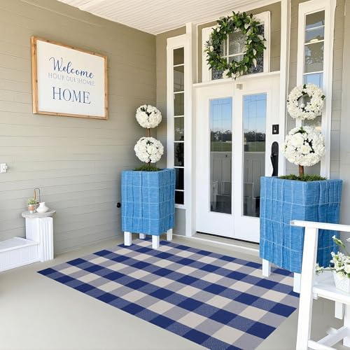 SEEKSEE Buffalo Plaid Outdoor Rug 3' x 5' Blue and White Front Door Mat - Image 5