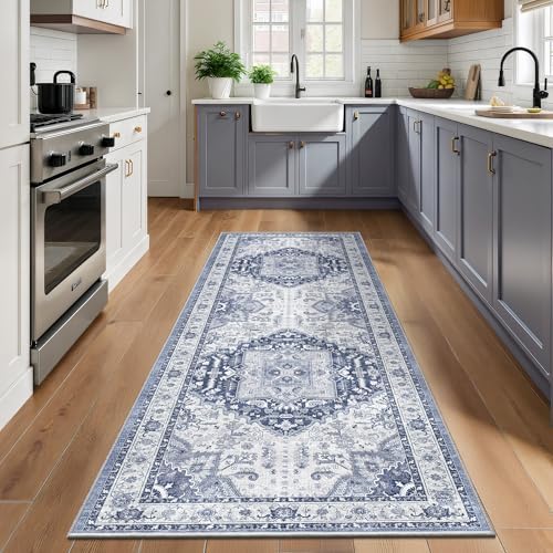 Washable 2.6x8 Hallway Runner Rug, Non Slip Vintage Kitchen Rugs Navy/Blue - Image 7