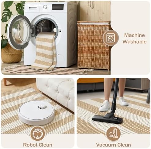 Rugalia Washable Woven Indoor Outdoor Runner Rug, 2x5 Natural Beige Striped - Image 3