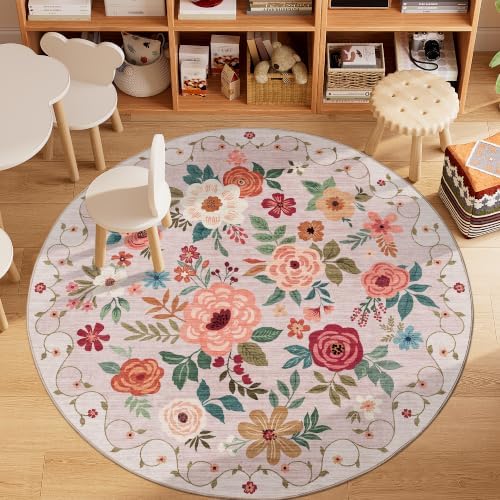 DUKINO 5ft Round Rug, Non Slip Floral Washable Small Circle Rug - Image 3