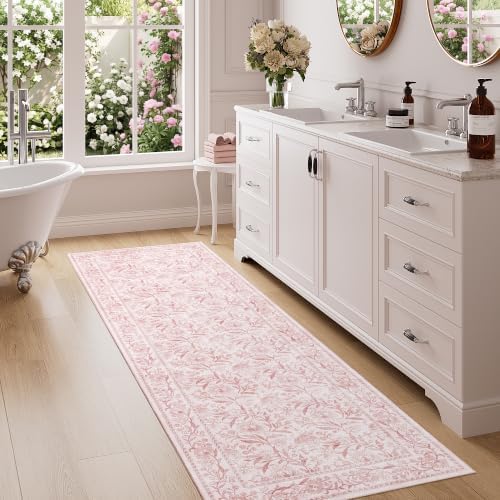 DUKINO 2x6 Runner Rug, Washable Vintage Floral Kitchen Rug, Light Pink - Image 3