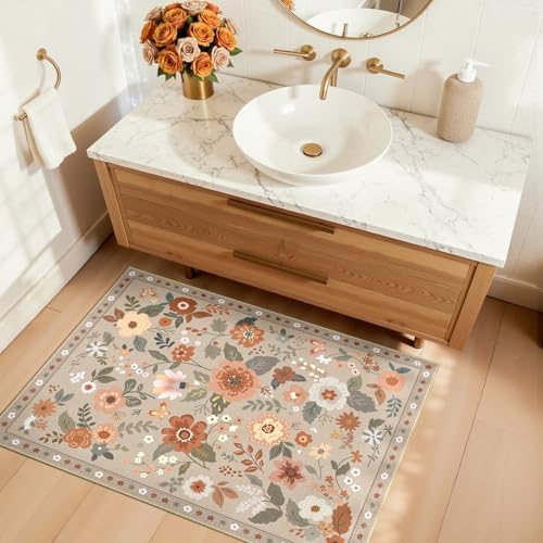 RELEANY Floral Washable 2x3 Area Rugs Doormat Brown/Brick - Image 3