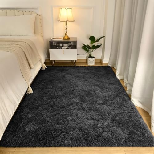 4x6 Dark Grey Fluffy Area Rug for Bedroom and Living Room, Washable Soft Shag by NEIGELUO