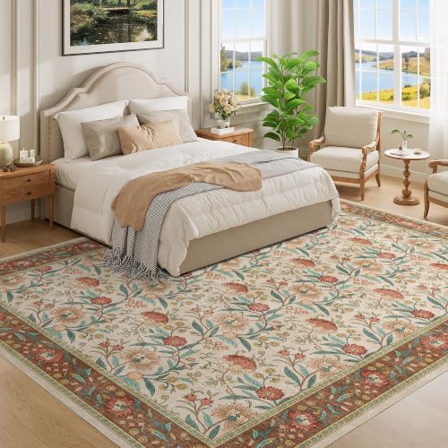 DUKINO 9x12 Area Rug for Living Room, Vintage Floral Washable Rug - Image 3