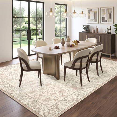 8x10 Area Rugs for Living Room, Washable Rug Beige Floral Print - Image 4