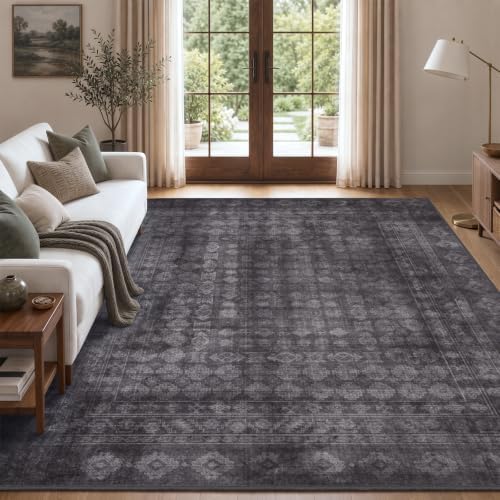 Washable Area Rug 6x9, Large Boho Living Room Rug, Dark Grey by TerradWafs