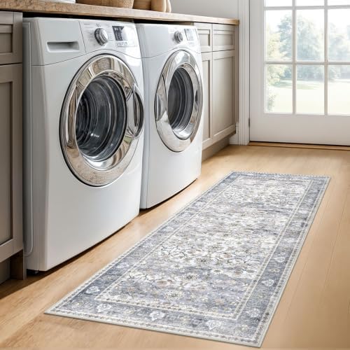 KUTA Vintage Floral Washable Hallway Runner 2x5 Grey Blue - Image 3
