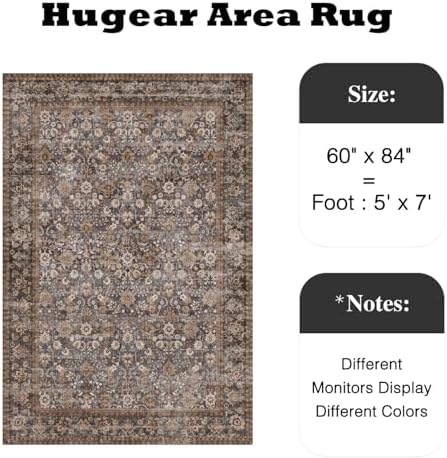 HUGEAR 5x7 Brown Blue Vintage Floral Washable Area Rug - Image 2