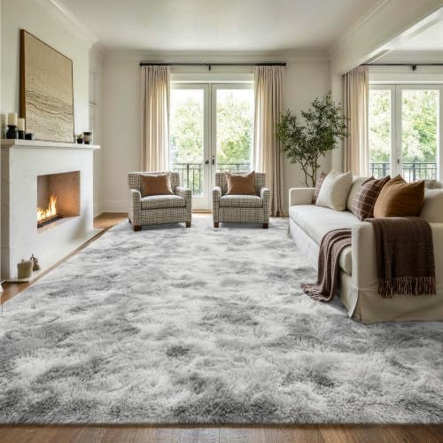 8x10 Extra Large Tie-Dyed Grey Fluffy Area Rug Non-Slip - Image 3