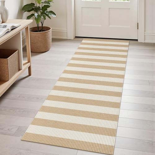 Rugalia Washable Woven Indoor Outdoor Runner Rug, 2x5 Natural Beige Striped by Rugalia