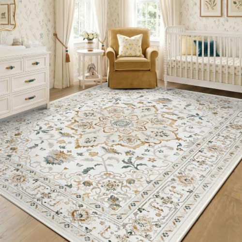 CAPALOCA 5x8 Washable Nursery Girls Low Pile Area Rug Beige White by CAPALOCA