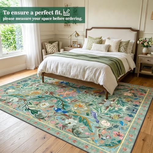 nesrt 9x12Ft Washable Living Room Area Rug, Boho Jungle Bird Floral Large - Image 3