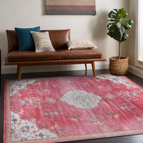 Non Slip Area Rugs 5x7 Boho Medallion Floral Non Skid Rubber Backing Easy Silk - Image 7