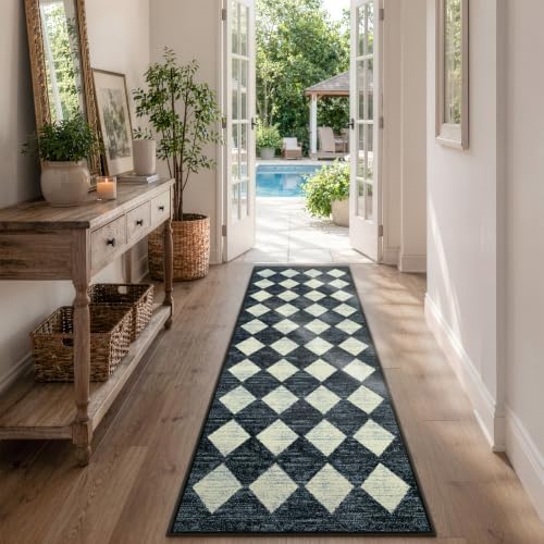 Checkered Kitchen Runner Rug 2x6 Black, Non Slip Washable Hallway Bathroom - Image 2