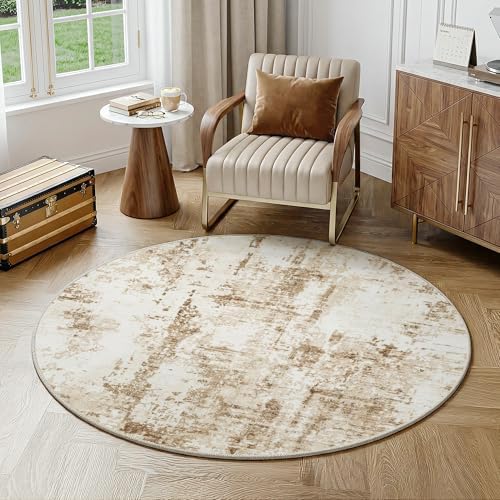 FMFUNCTEX 3ft Round Washable Brown Beige Modern Abstract Entryway Area Rug - Image 3