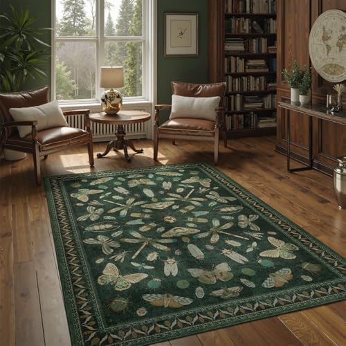 DCX 4x6 Washable Bug Rug for Living Room, Soft Low Pile Rug, Dark Green by DCXWashableRug