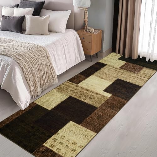 Modern Geometric Patchwork Indoor Taupe Runner Rug - Image 4