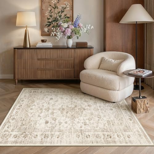 Beige 4x6 Area Rug Washable Netural Vintage Distressed Carpet by Berthmeer