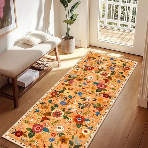 Floral Washable 2x8 Area Rugs Runner Entryway Hallway Orange/Yellow/Red - Image 2