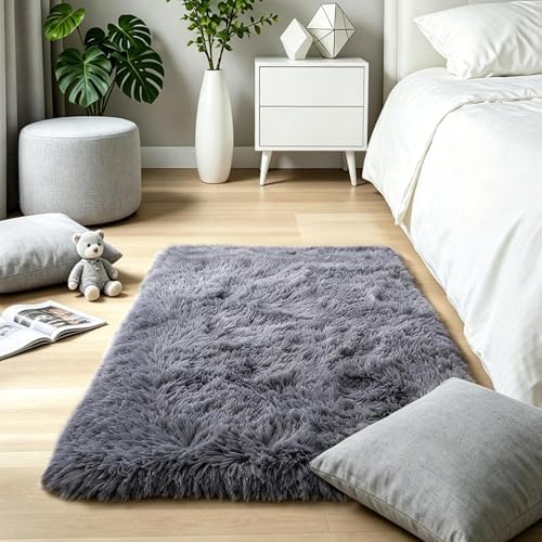 Solid Grey Fluffy Shag Rug, Washable Non Slip Soft Kids Area Carpet by KICHOWUA