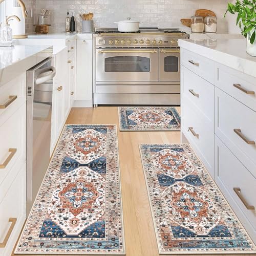 HEBE Boho Kitchen Rugs Set of 3, Non Slip Washable Kitchen Mats - Image 3