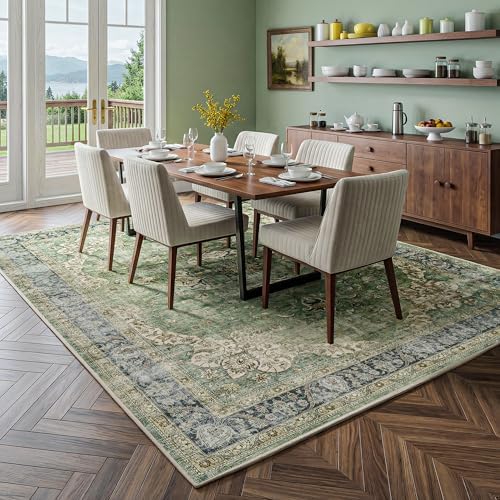 FMFUNCTEX 6x9 Washable Green Neutral Vintage Large Area Rug - Image 3