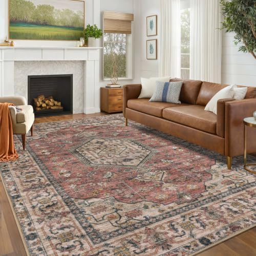 KUTA Vintage Living Room Rug 6x9 Terracotta Pink Washable Large Area Rugs by KUTA