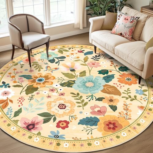 RELEANY Floral Washable Round 8ft Area Rug Yellow/Orange by RELEANY