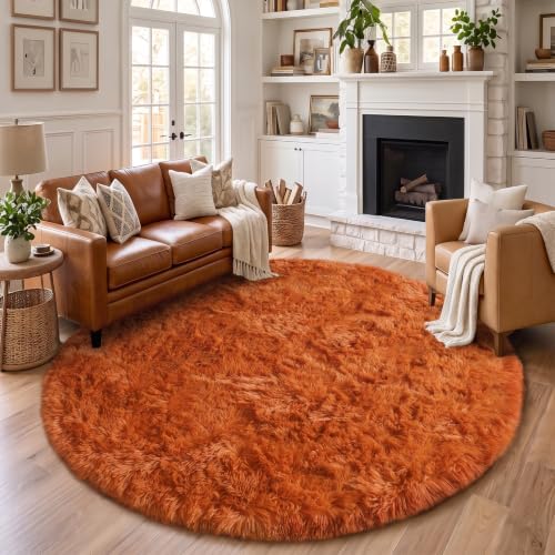 Amdrebio Burnt Orange Shag Plush Big Round Rug 6Ft - Image 3