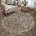 HUGEAR 4ft Brown Vintage Floral Washable Round Rug by HUGEAR