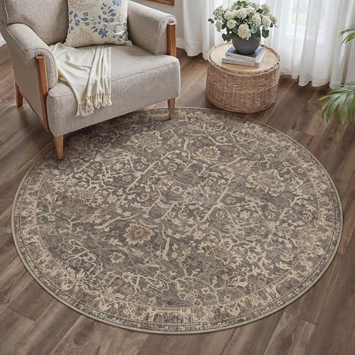 HUGEAR 4ft Brown Vintage Floral Washable Round Rug by HUGEAR