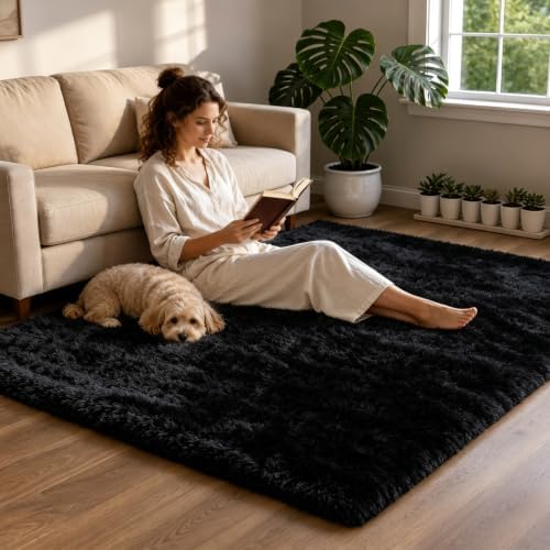 4x6 Black Fluffy Area Rug for Bedroom and Living Room, Washable Soft Shag Carpet - Image 4