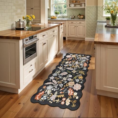 3x6 Washable Kitchen Runner Rug: Floral Scalloped Hallway Runner Rugs Black - Image 2
