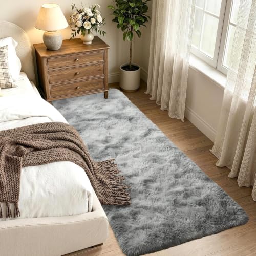 2x10 Tie-dye Grey Fluffy Soft Runner Rug Non-Slip - Image 2