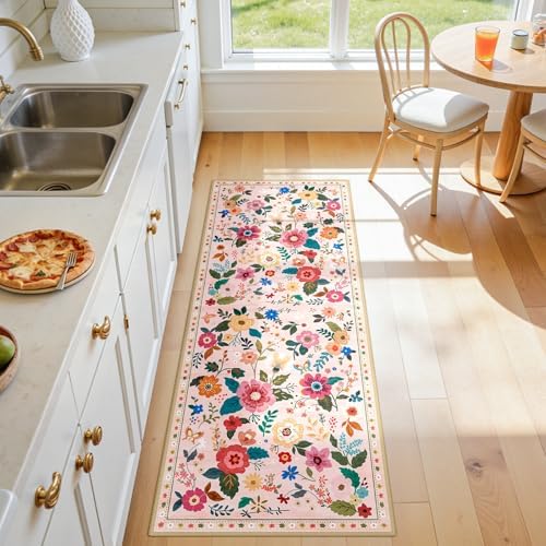 Floral Washable 2x5 Area Rugs Runner Entryway Hallway Pink - Image 4